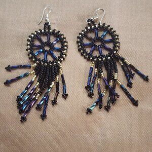 Handmade Beaded Chandelier Shepard's Hook Earrings Black Iridescent and Gold 4"